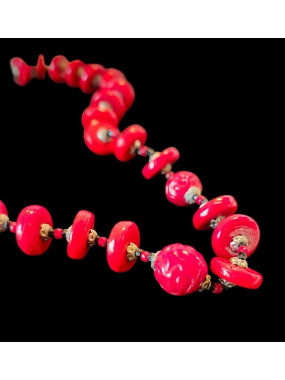 Vintage Czech Molded Beaded Red Art Deco Necklace - Picture 3 of 10
